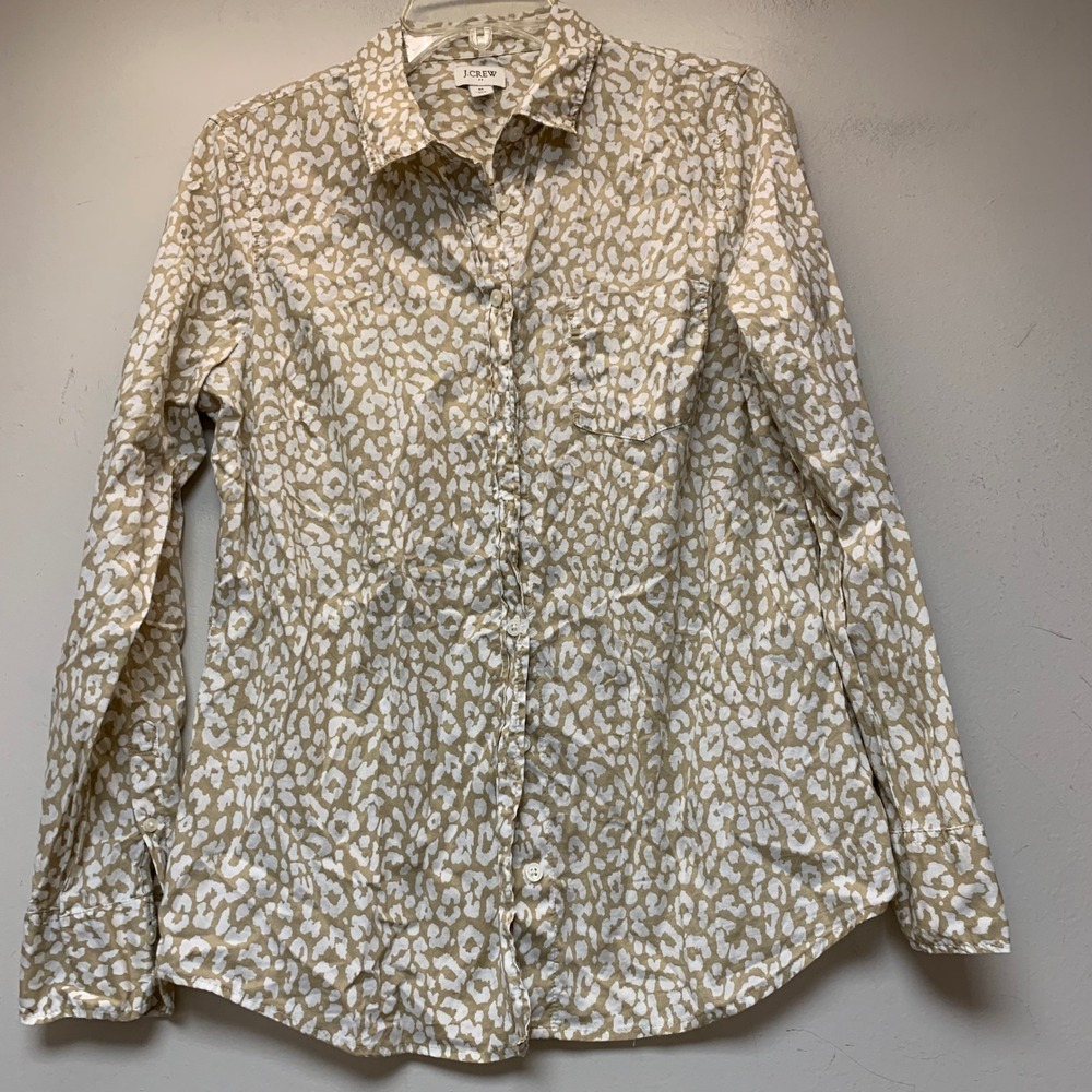 J.Crew‎ Button Down Shirt Womens Medium Tan White Excellent Animal Print 13057